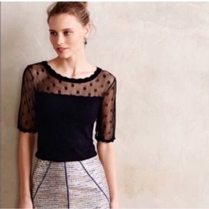 Anthropologie Knitted and Knotted polka dot mesh sweater Navey
